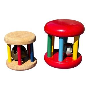 Wooden Rolling Bell Rattle 2 Set Multicolor Montessori Sensory